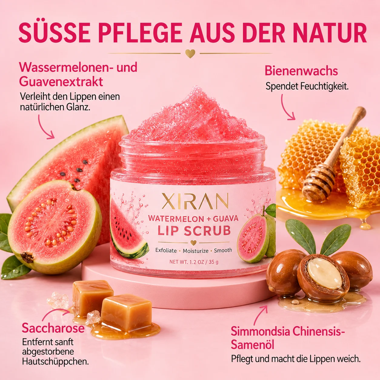 A watermelon and guava lip scrub jar surrounded by natural ingredients like watermelon slices, honeycomb, caramel chunks, and jojoba seeds, promoting exfoliation and hydration.